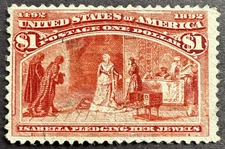 US 1893 Sc# 241 Lightly Used Stamp Columbian Expo Queen Isabella Jewels $1
