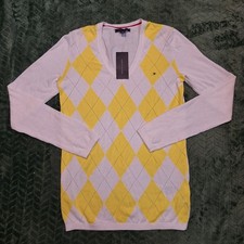 Tommy Hilfiger Argyle Sweater Pink Yellow White Long Sleeve Girls XS 12-14 NWT