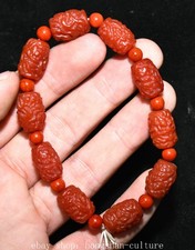 3.4" Old Chinese Red Agate Carved Dragon Beast Bead Jewelry Chain Bracelet
