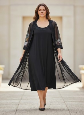 R&M Richards 8271W Plus Size Mother of the Bride Dress Set Elegant Black 2-Piece