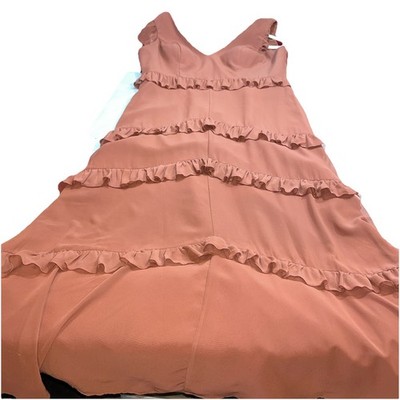 BROWN LONG Formal CHIFFON DRESS Size 14 Tiered RUFFLE Sleeveless Maxi 9275P, Zip