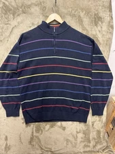 Tosani Canada Vintage Colorful Sweater Large Blue Striped Cotton Quarter zip