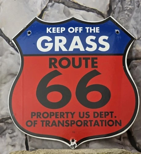 VINTAGE ROUTE 66 U.S. "KEEP OFF THE GRASS" PORCELAIN ENAMEL METAL SIGN 11" X 11"