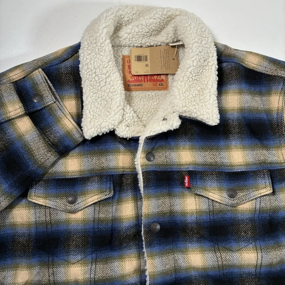 NEW Levi's Sherpa Lined Snap Trucker Jacket 2XL Blue Beige Buffalo Plaid Wool - Image 2 of 4