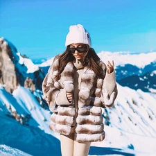 Fashion Women Real Rex Rabbit Fur Coats Winter Chinchilla Lapel Collar Overcoat