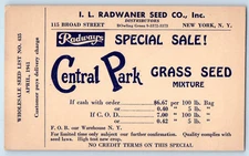 New York NY Postal Card Central Park Grass Seed IL Radwaner Seed Co. 1941