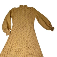 Vintage Miss Joann California Yellow Puff Sleeve Crochet Knit Sweater Dress