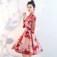 Women Half Sleeves Bridal Cheongsam Chinese Dress Style Embroidery Floral Qipao