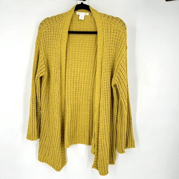 Cárdigan suéter amarillo mostaza tejido frente abierto C&C California para mujer talla XS Foto 2 de 4