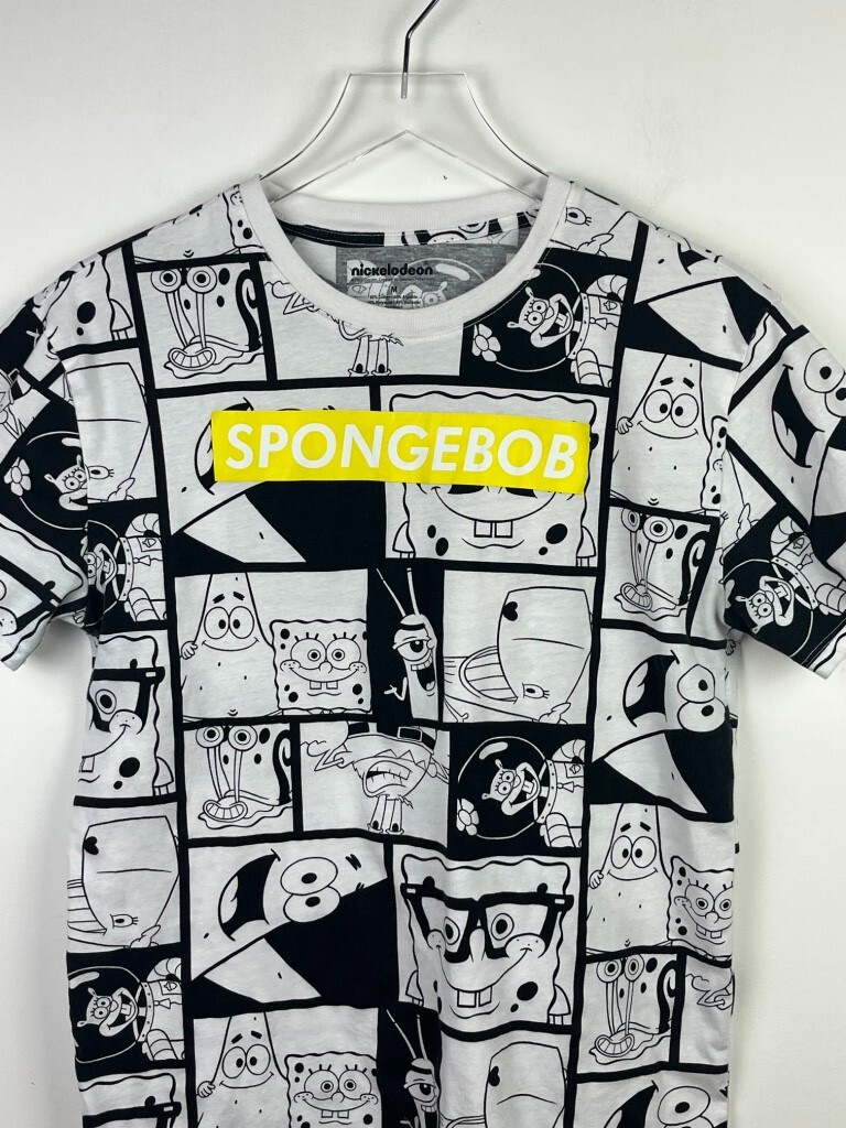 ALTRA Nickelodeon SpongeBob T Shirt Uomo M Nero Bianco All Over Personaggi Cartoni Animati