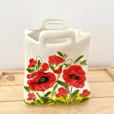 BASSANO KERAMIK VASE TISCHVASE SCHÖNES MOHNBLUMEN MOTIV 20 CM HOCH NEU - Bild 1 von 4