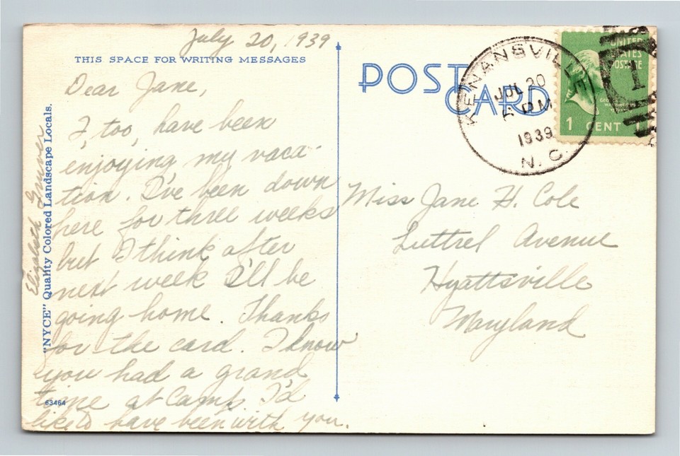 Kenansville NC Greetings Scenic Sunset Lake Linen, North Carolina c1939