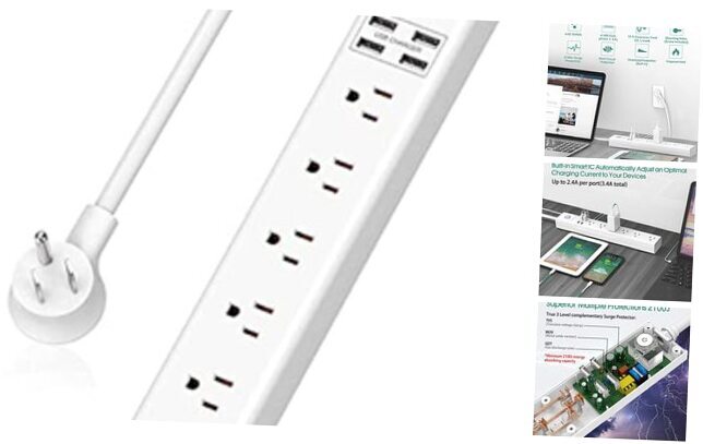 Surge Protector Power Strip with USB Ports Extension Cord, 6 Outlets 10ft White-image