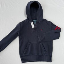 Polo Ralph Lauren Hooded Sweater Youth Size 7 Navy Blue Pocket Cotton Red Pony