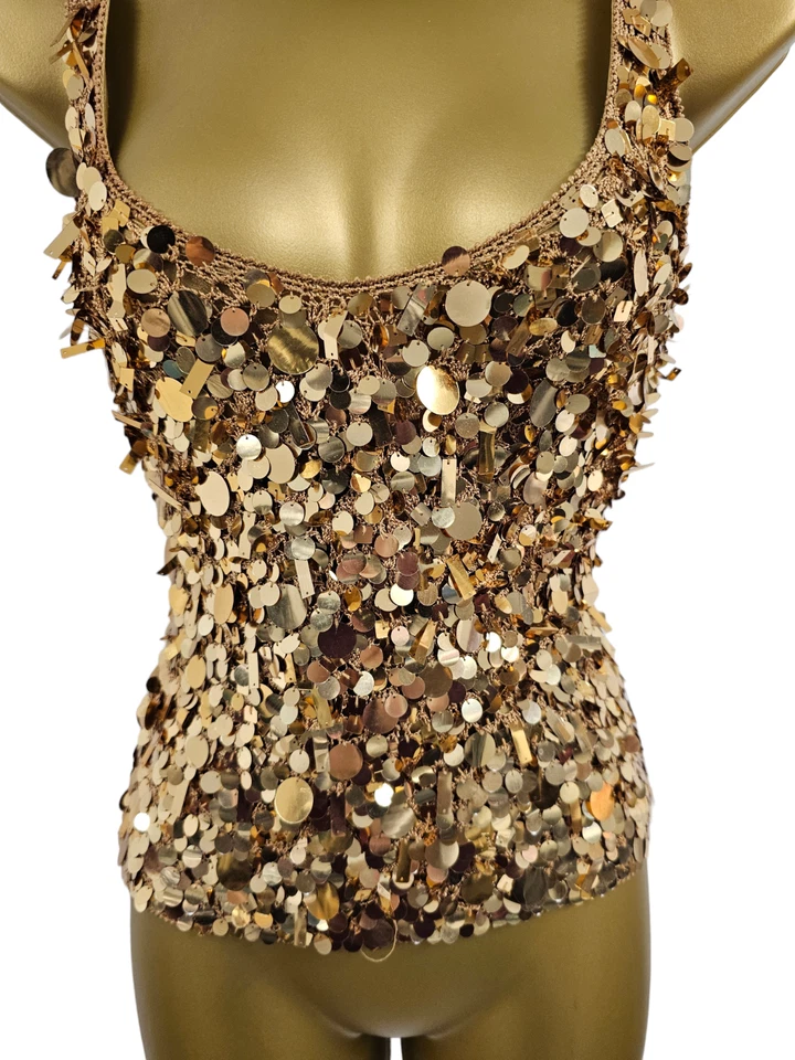 Vintage Karen Millen 2 UK 10 Gold Sequin Dazzling Crochet Knit Party Cami Top - Image 4 of 4