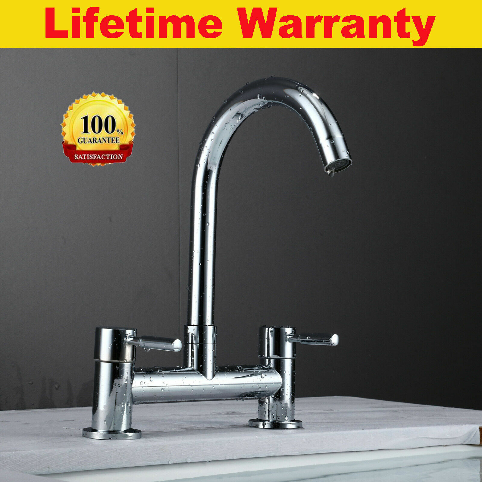 DUAL LEVER KITCHEN SINK DECK MIXER CHROME TAP 1/4 TURN 2 HOLE 180MM