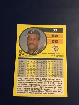 1991 Fleer # 33 BARRY BONDS Pittsburgh Pirates Nice Yellow Border