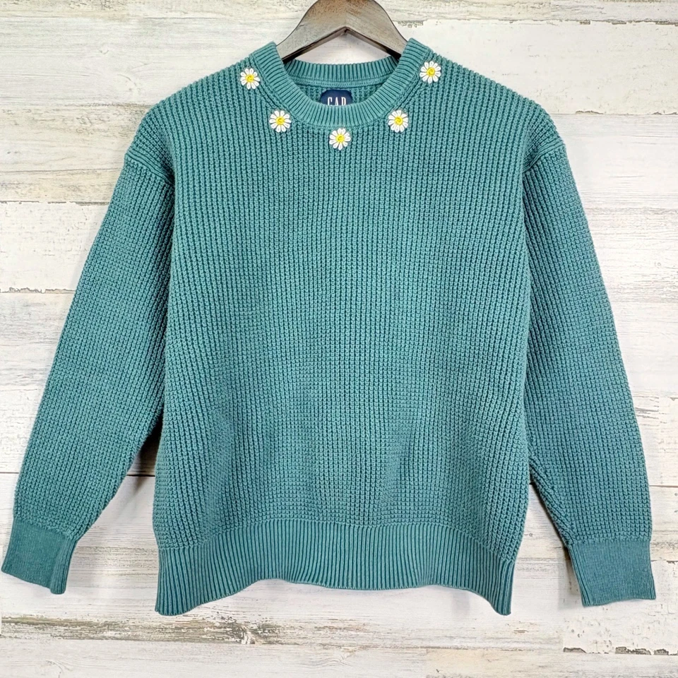 GAP Waffle Knit 100% Cotton Sweater Green Daisy Embroidery Womens Size M - Image 2 of 4
