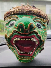 VTG Thai Hanuman Mask Green Handmade Paper Mache hanging art, Halloween Grunge