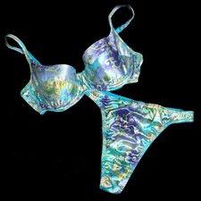 NWT Victoria's Secret METALLIC Foil SATIN Second Skin Thong PANTY Bra Set 34B/M