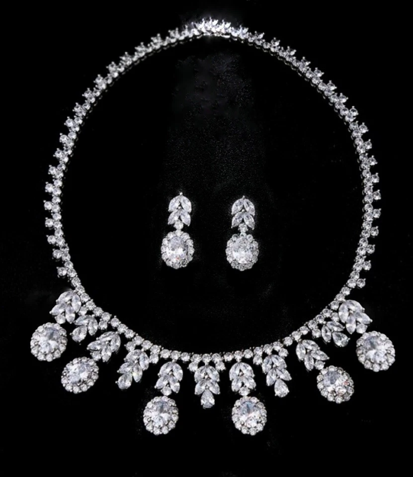 18k White Gold Plated Oval Drop Charm Bridal Jewelry Set w Lab-Created Swarovski - Image 3 of 4