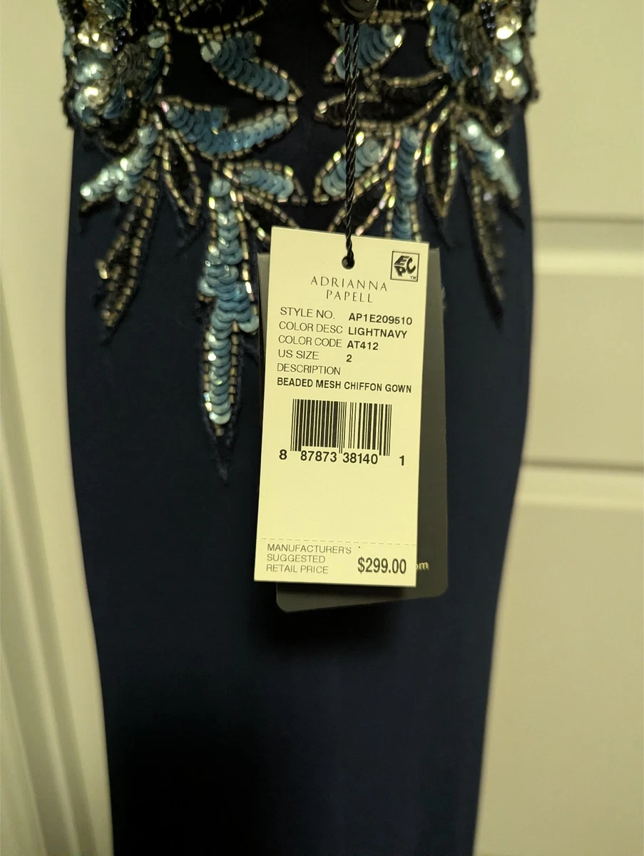 Nuevo con etiquetas Vestido Formal Adrianna Papell Malla Con Cuentas Gasa Talla 2 Azul Marino Maxi