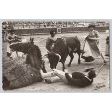 Spanish Bullfighting "El Picador Falls Before the Bull" c1950s RPPC POSTCARD