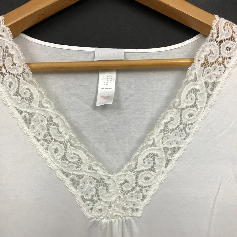 HANRO Lace Trim V-Neck Cotton Nightgown White Long Sleep Shirt Size L - Image 3 of 4