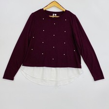 Elle Women's Sweater Top Large Burgundy Pearl Lightweight Hi-Low Long Sleeve