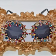 Oversized Round Rhinestone Sunglasses   Vintage Designer Style, Glitter Party Sh