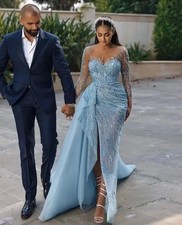 Blue Luxury Mermaid Evening Dress Beads Long Slevee Side Slit Wedding Party Gown