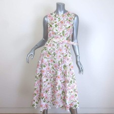 Oscar De La Renta Guipure Lace Belted Midi Dress White/Pink Poppies Print Size 8