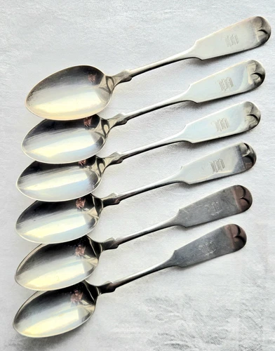6 STERLING TEASPOONS, Wallace Bros. c.Late 1800s; FIDDLE TIPT Mono "W" 3.965 ozT