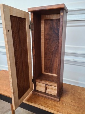 Small solid wood whiskey cabinet or for other items curly walnut/curly maple