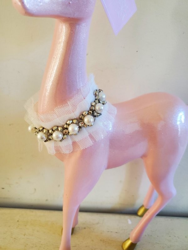 BELLA LUX Pinkmas Christmas Shabby Chic Pink Gold Deer Figurines 18" 13" Set NEW