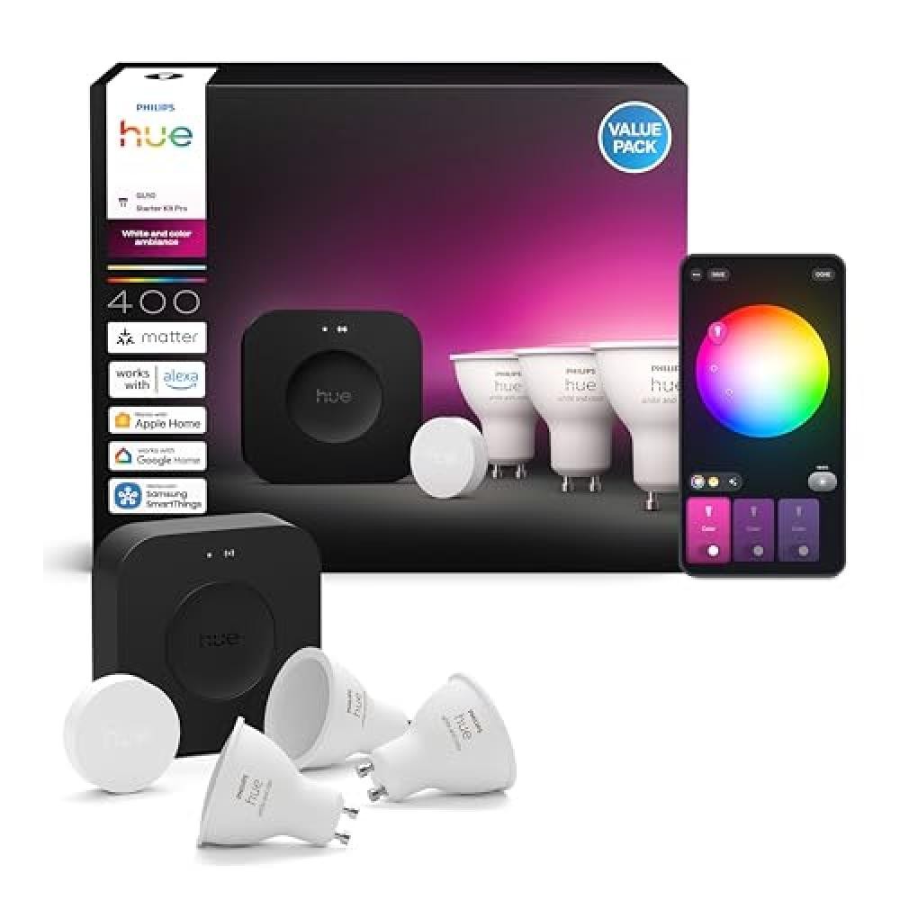 Philips Hue Starter Kit: Bridge Pro + 3 faretti smart GU10 + Smart button, White