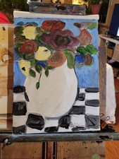 Original Floral Still Life Painting 9x12 Acrylic Canvas Vase Art Decor.