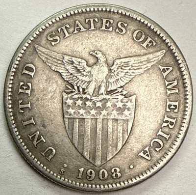 SILVER - WORLD COIN - 1908 Philippines 1 Peso - World Silver Coin .800 Fine