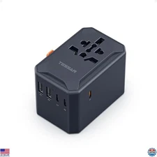 TESSAN 65W GaN Travel Adapter - Black, 5 USB Ports, Worldwide Plug Compatibility