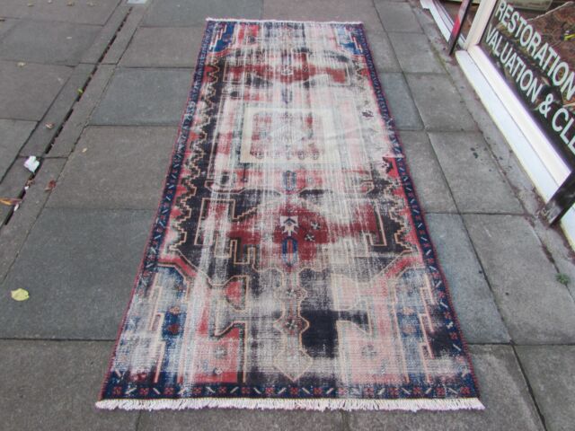 Shabby Chic Worn Vintage Hand Made Traditional Blue Wool Large Rug 266x115cm