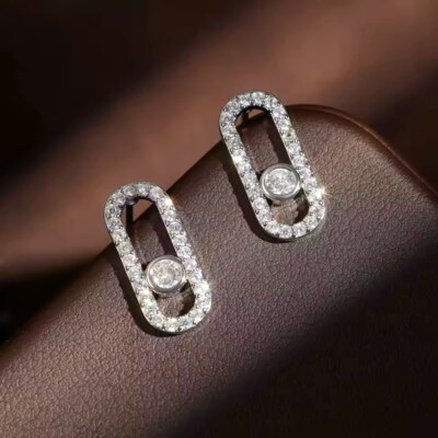14K White Gold Geometrical Paris Inspired Link Paperclip Diamond Inlay Earrings