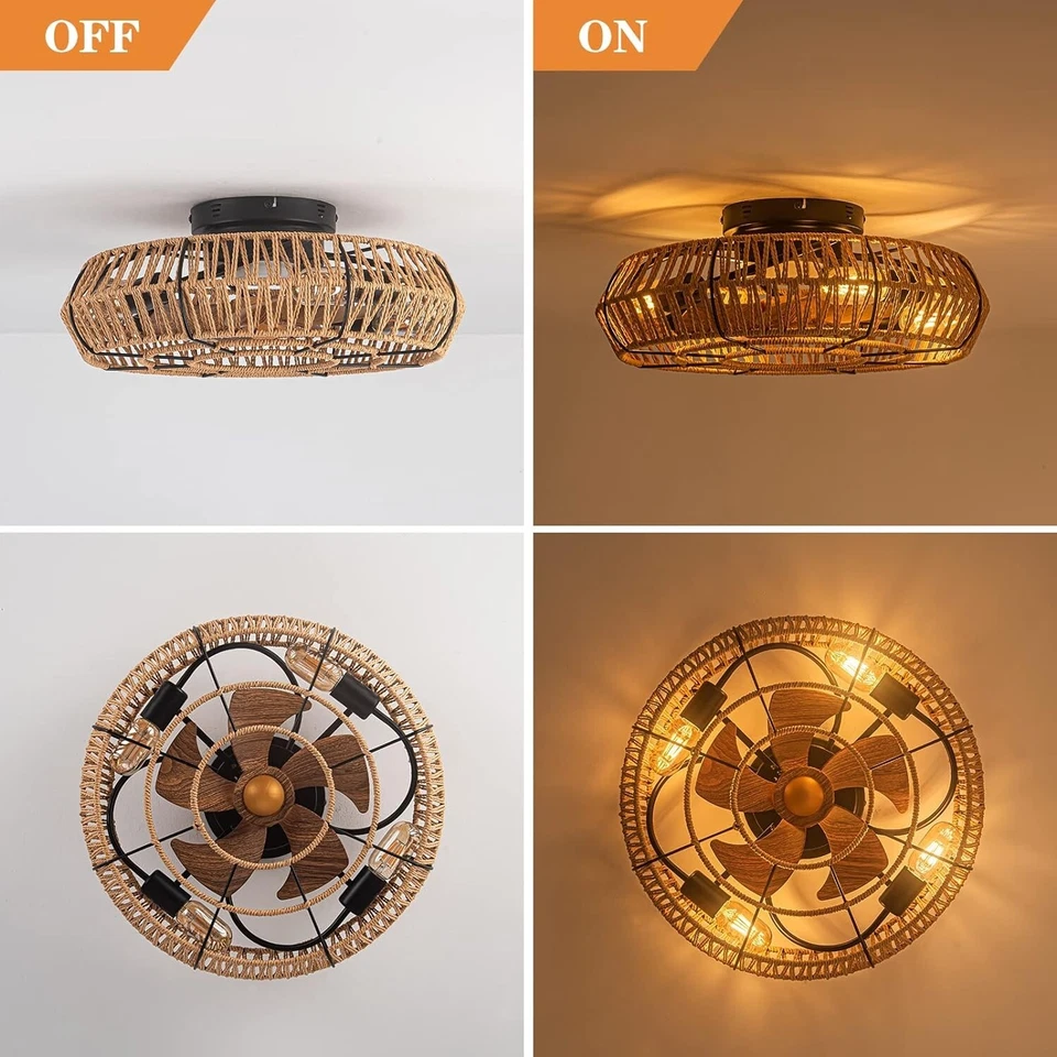 Ventilador de techo 19" Farmhouse Boho montaje empotrado 6 velocidades luz con control remoto, reversible Foto 3 de 4