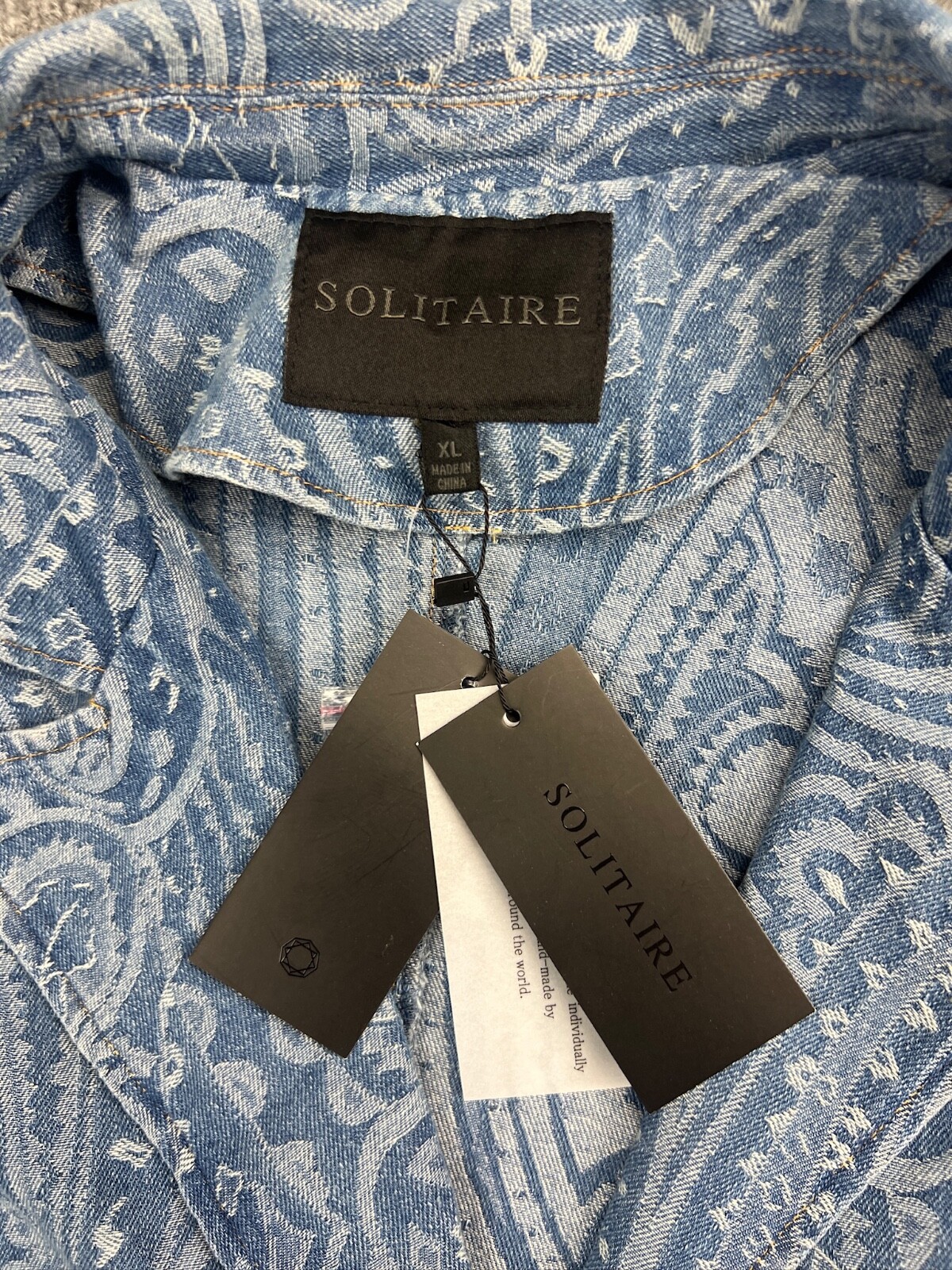 Solitaire Jacket Women's XL Blue Denim Paisley Blazer Single Breasted Button NWT