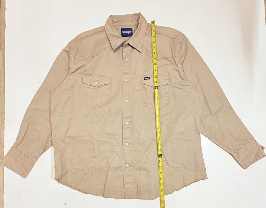 Wrangler Shirt Men’s XXL Beige Long Sleeve Twill Button Up Pearl Snap Vtg Heavy