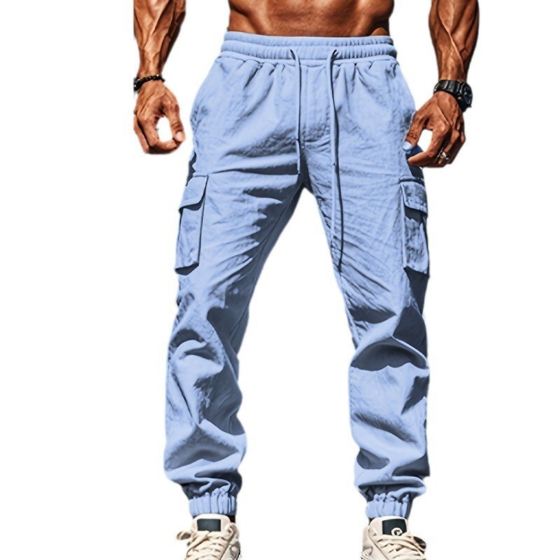 Cargo Pants Casual Men's Drawstring Multi-pocket Thin Linen Blend Sport Trousers-image