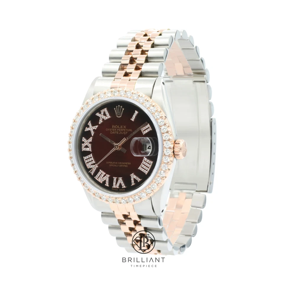 Rolex Datejust 36 mm esfera de diamantes roja negra pulsera de jubileo de dos tonos 3,25 quilates