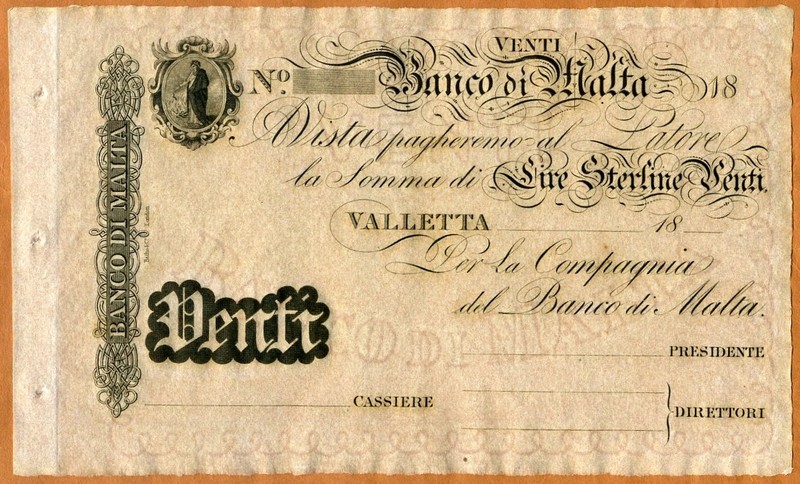 Malta, Banco Di Malta, 20 Lire, 18xx (ca 1886), P-S163, UNC Rare, Remainder