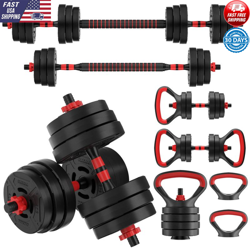 60LB 4in1 Changeable Dumbbell Barbell Kettlebell Adjustable Weights Set New