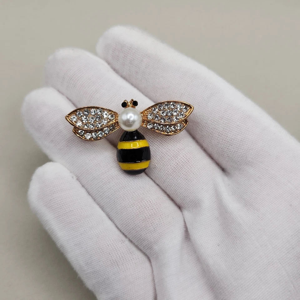 Broche de abeja alfiler disperso imitación perla negro amarillo esmalte pavé pedrería tono dorado Foto 4 de 4