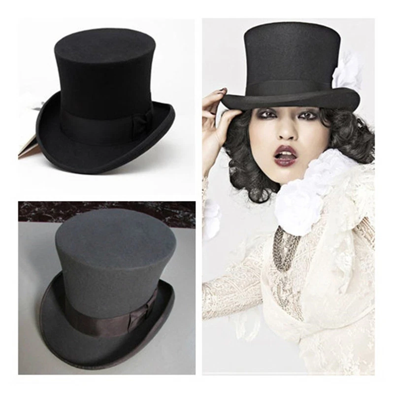 Vintage Top Hat Magic Performing Cap Wool Mad Hatter Tall Hat Narrow Brim 18 cm